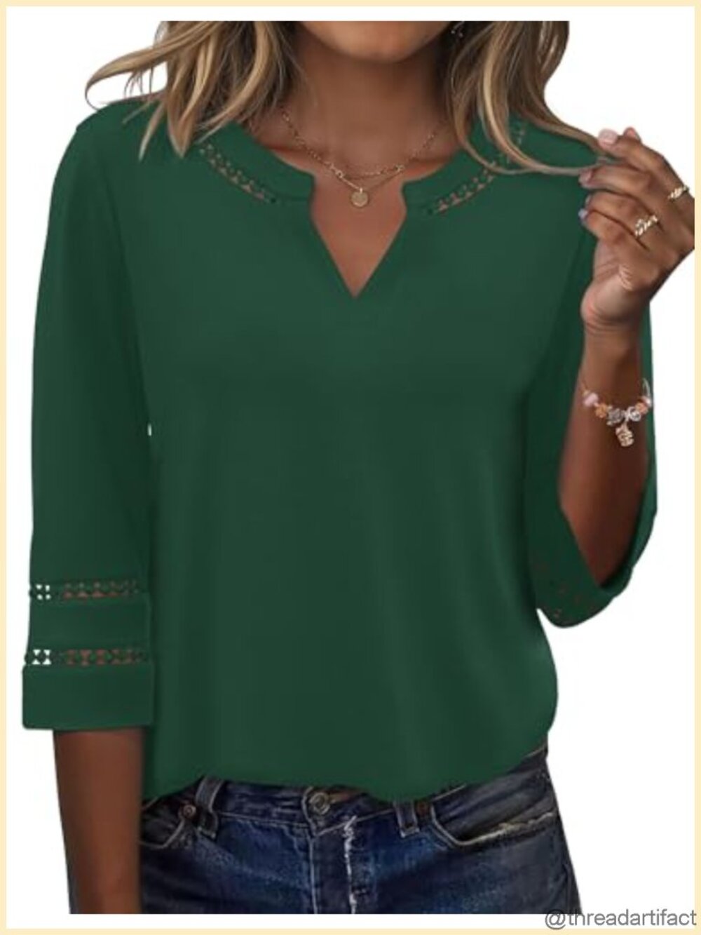 Ivicoer Women's 3/4 Sleeve V-Neck Lace Embroidered Tunic Top Loose Fit